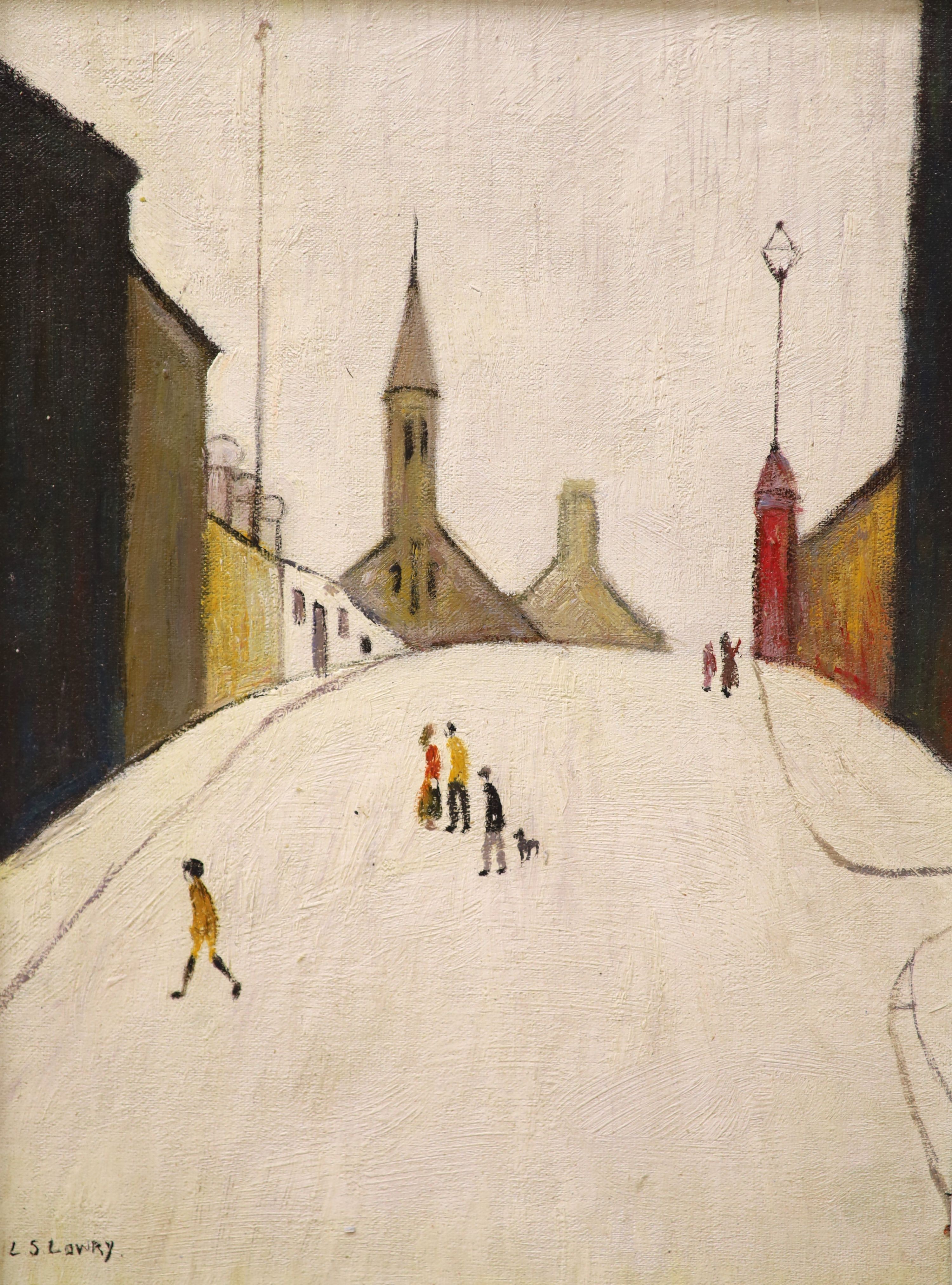 After Lowry, oil on board, Street scene, bears signature, 40 x 30cm.